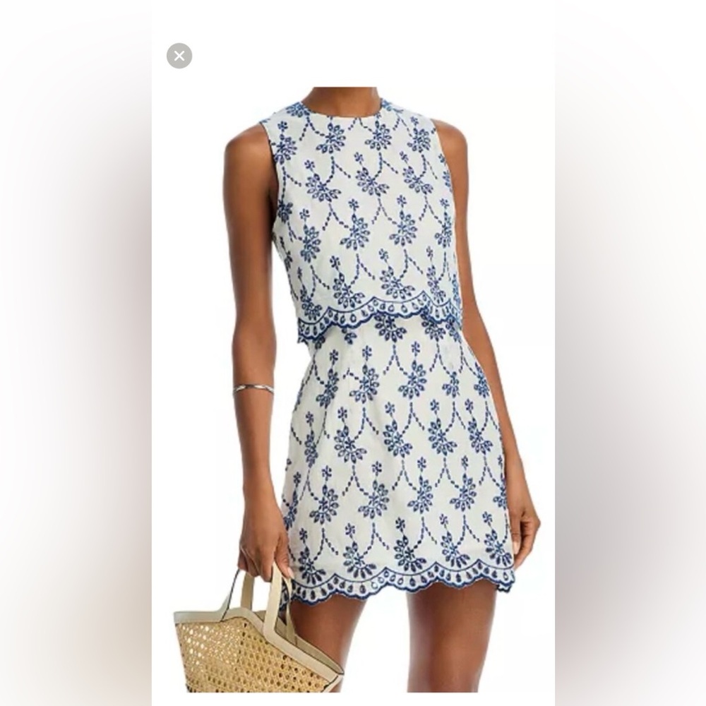 NWT Aqua Sleeveless White Dress with Blue Embroidered Pattern